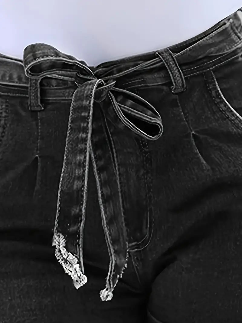 Belted Waist Tie Front Bow Knot Slim Fit Denim Shorts