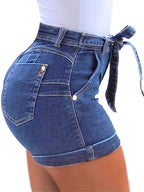 Belted Waist Tie Front Bow Knot Slim Fit Denim Shorts