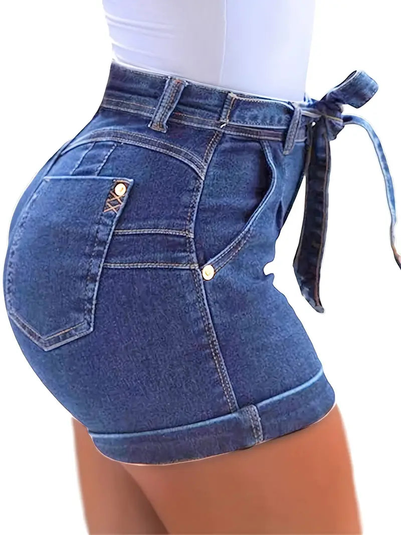 Belted Waist Tie Front Bow Knot Slim Fit Denim Shorts