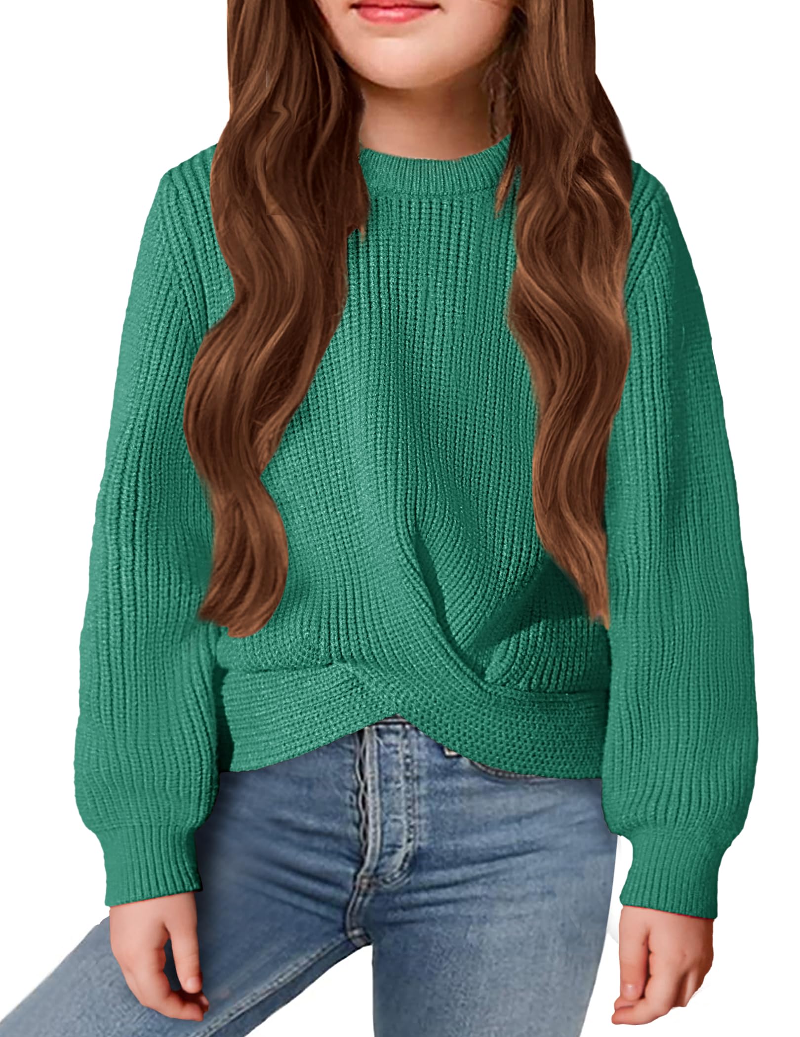 Arshiner Girls Sweaters Kids Twist Front Cute Pullover Knitted Jumper Fall Winter Clothes Dark Green for 10-11 Years