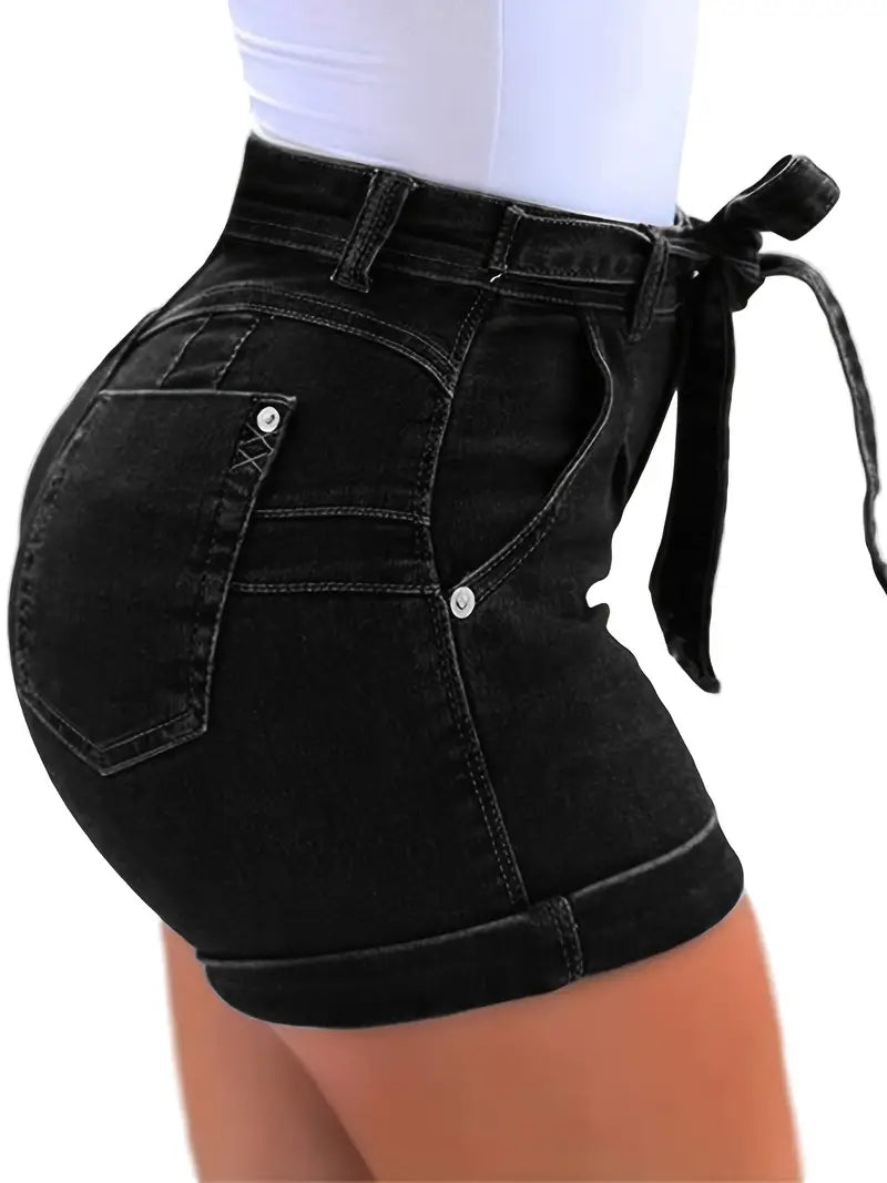Belted Waist Tie Front Bow Knot Slim Fit Denim Shorts