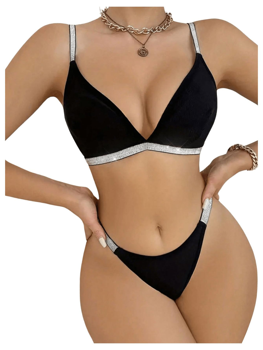 SOLY HUX Lingerie for Women Glitter Bra and Thong Panty Underwear Sets Plain Black X-Large