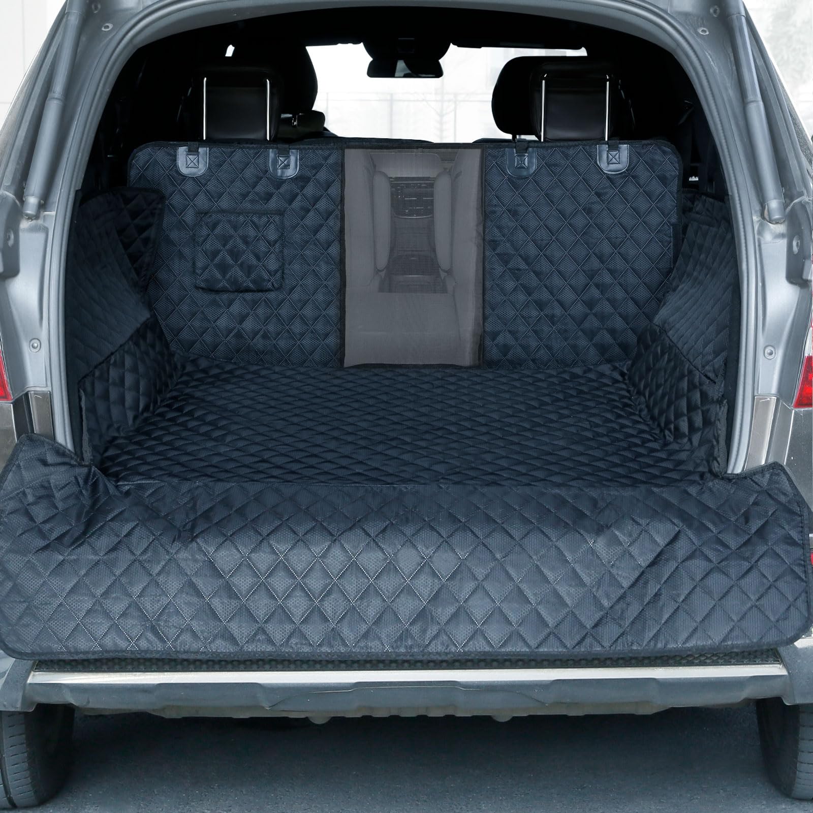 PETICON SUV Cargo Liner for Dogs with Mesh Window Waterproof Pet Cargo Cover Dog Seat Mat for SUVs Sedans Vans with Bumper Flap Protector Non-Slip Large Size Universal Fit