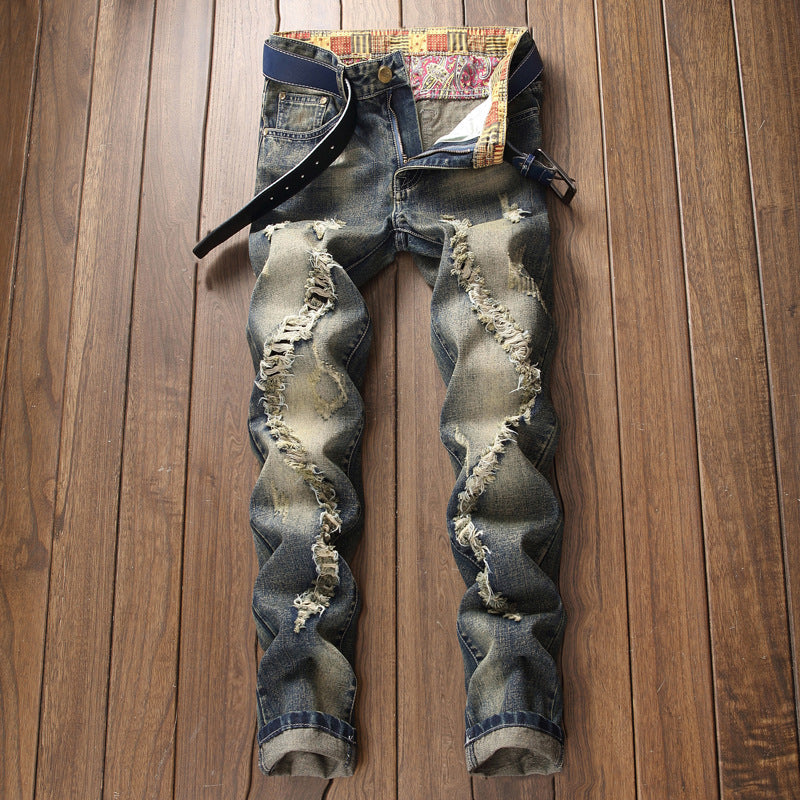 Men's Distressed Denim Jeans with Embroidery Design
