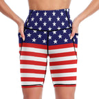 MSOKAZZLES Funny American Flag High Waist Workout Yoga Shorts for Women with Pockets Tummy Control Yoga Leggings Running Gym Biker Shorts L
