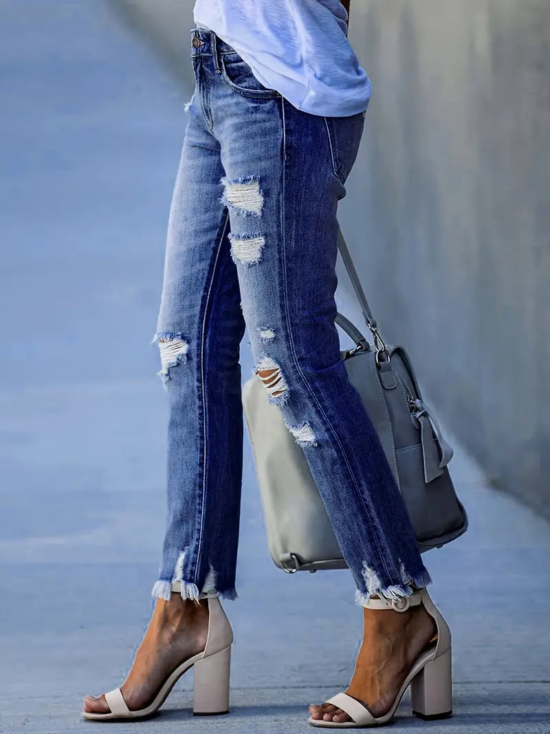 High-Waisted Slim-Fit Ripped Skinny Jeans for Women