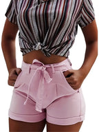 Belted Waist Tie Front Bow Knot Slim Fit Denim Shorts