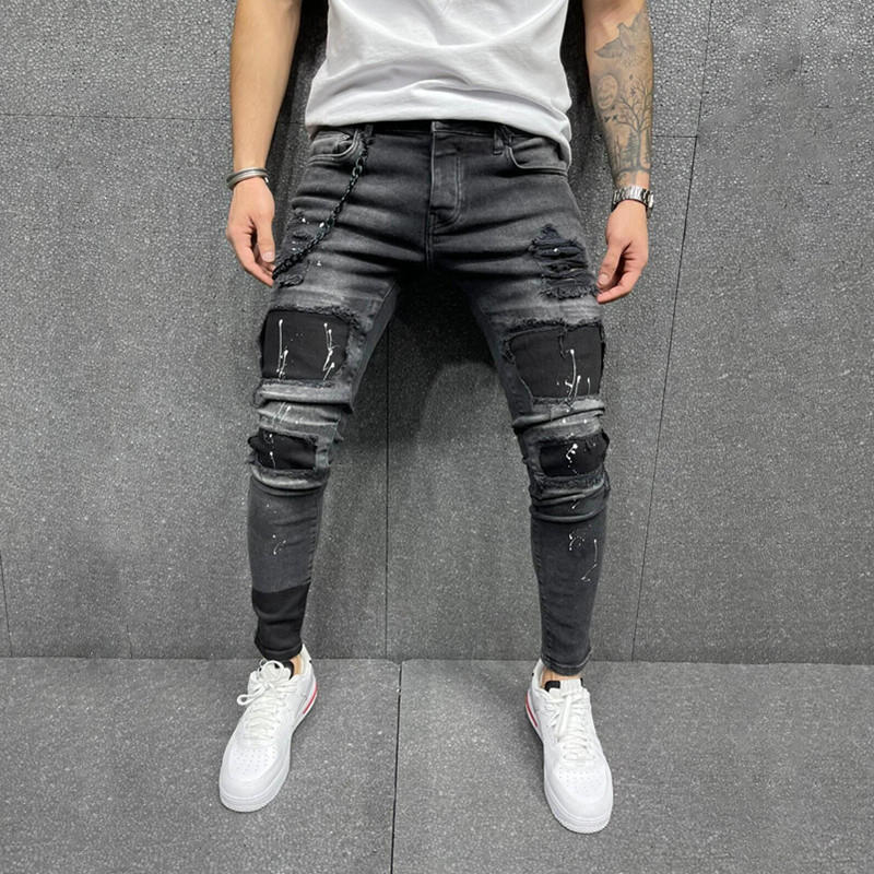 Men's Torn Patch Skinny Jeans for Fashion Forward Style