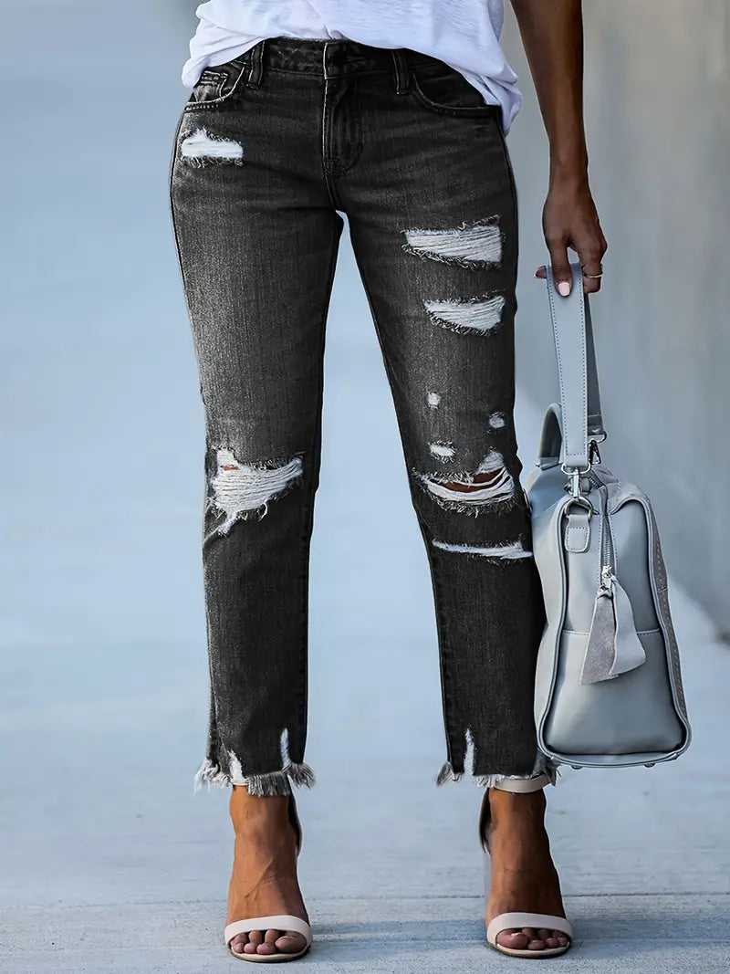 High-Waisted Slim-Fit Ripped Skinny Jeans for Women
