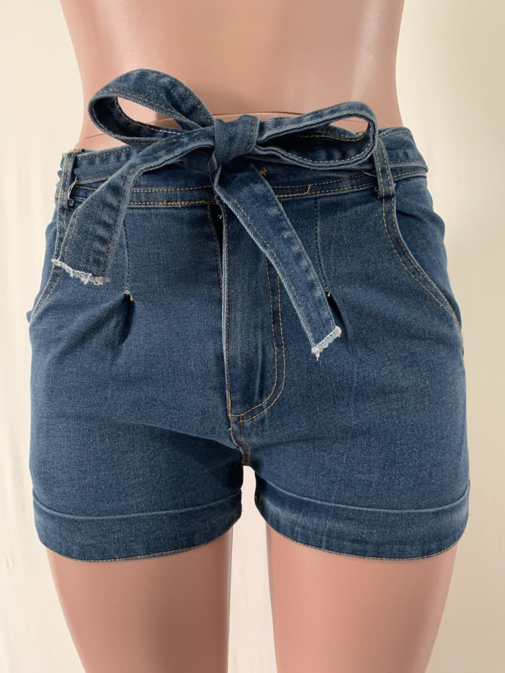 Belted Waist Tie Front Bow Knot Slim Fit Denim Shorts