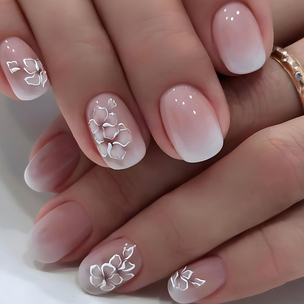 White Ombre Flower Nails