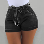Belted Waist Tie Front Bow Knot Slim Fit Denim Shorts