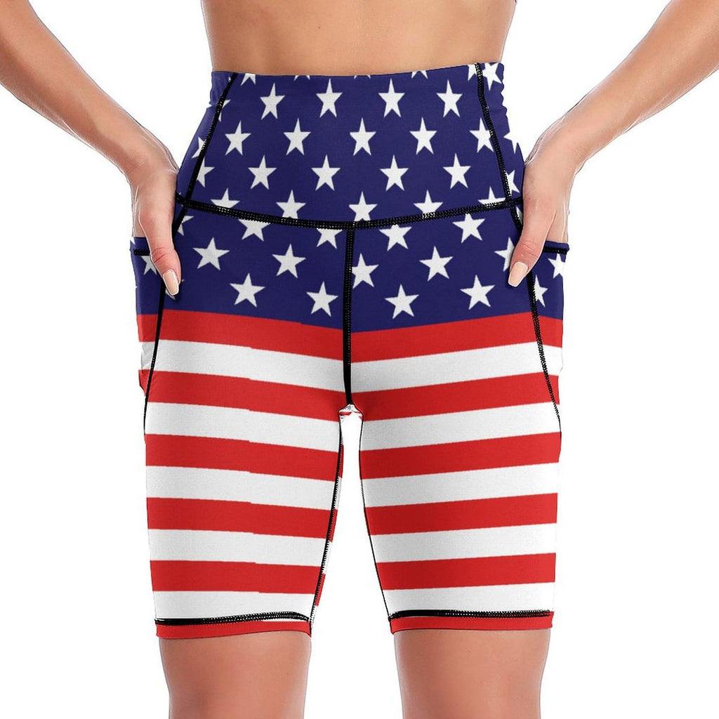 MSOKAZZLES Funny American Flag High Waist Workout Yoga Shorts for Women with Pockets Tummy Control Yoga Leggings Running Gym Biker Shorts L