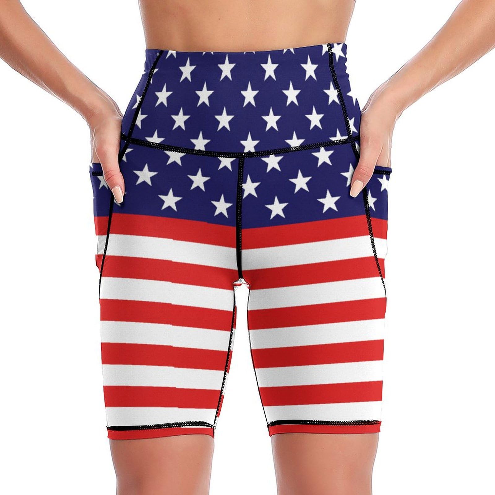 MSOKAZZLES Funny American Flag High Waist Workout Yoga Shorts for Women with Pockets Tummy Control Yoga Leggings Running Gym Biker Shorts L