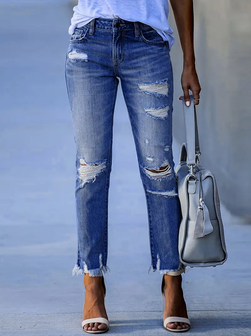 High-Waisted Slim-Fit Ripped Skinny Jeans for Women