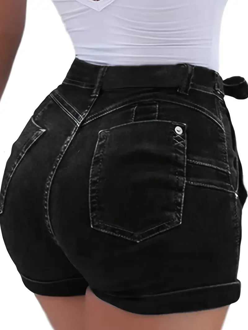Belted Waist Tie Front Bow Knot Slim Fit Denim Shorts