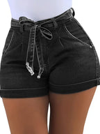 Belted Waist Tie Front Bow Knot Slim Fit Denim Shorts