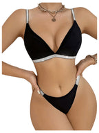 SOLY HUX Lingerie for Women Glitter Bra and Thong Panty Underwear Sets Plain Black X-Large