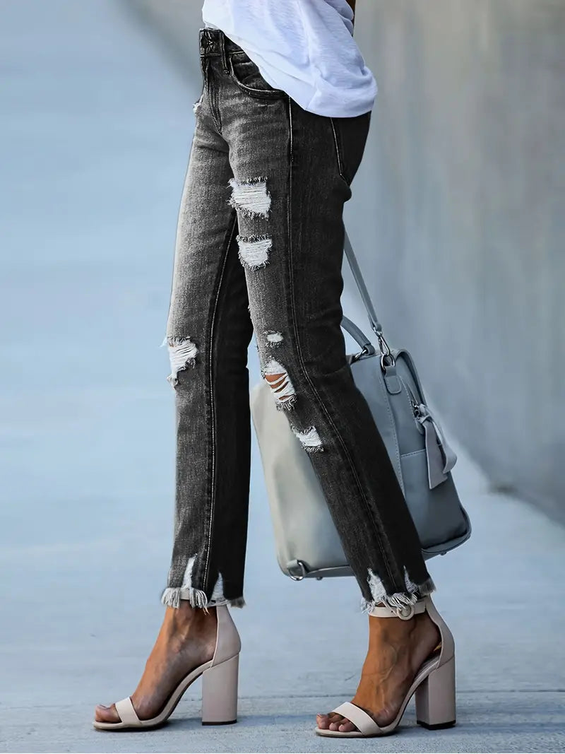 High-Waisted Slim-Fit Ripped Skinny Jeans for Women