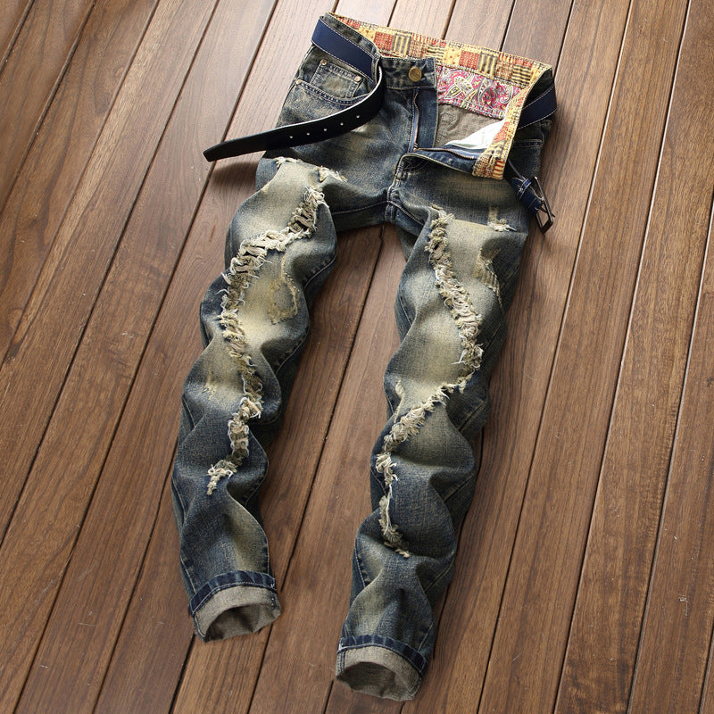 Men's Distressed Denim Jeans with Embroidery Design