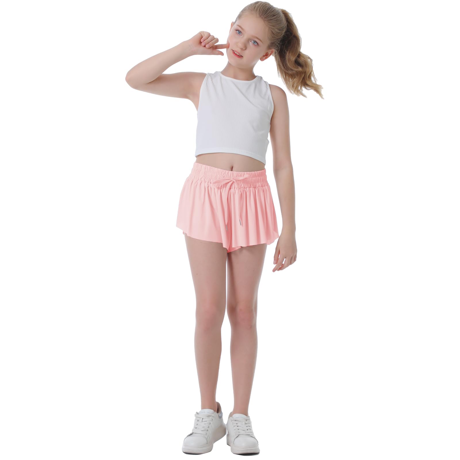 Flowy Shorts for Girls Butterfly Shorts for Kids Preppy Shorts for Teens Tennis Running Athletic Shorts with Liner(Light Pink9-10 Years)