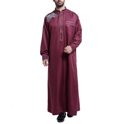 BooW Muslim Men Long Sleeve Thobe Middle East Saudi Arab Kaftan Islamic Abaya Dress Dubai Robes (91053-Wine Red L)