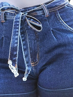 Belted Waist Tie Front Bow Knot Slim Fit Denim Shorts