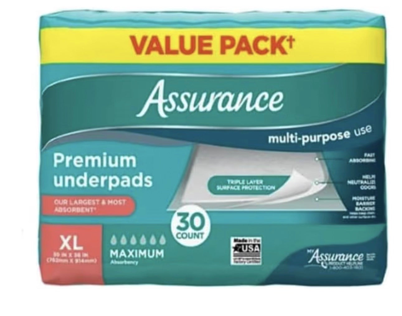 Assurance Premium Underpads XL - Maximum Absorbency Value Pack (30 Count)
