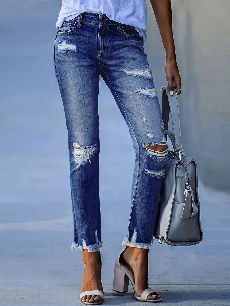 High-Waisted Slim-Fit Ripped Skinny Jeans for Women