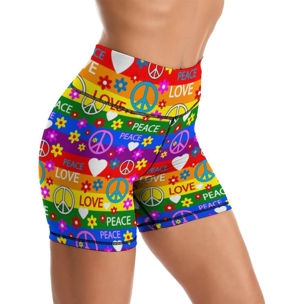 Rainbow Heart Peace Flower Women Yoga Shorts High Waist Workout Shorts Leggings for Athletic Biker Running L