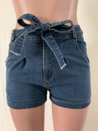 Belted Waist Tie Front Bow Knot Slim Fit Denim Shorts
