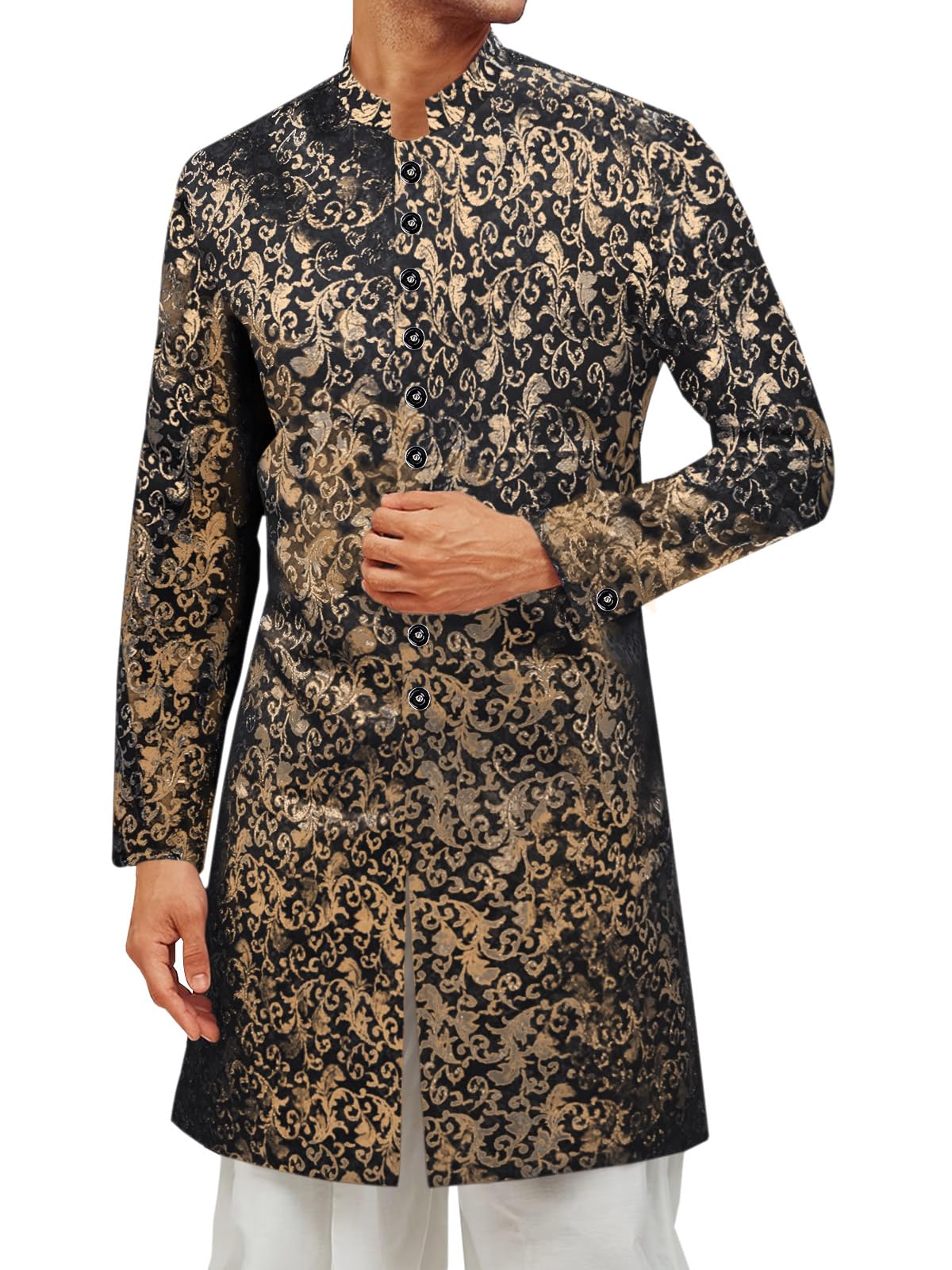 Runcati Mens Kurta Sherwani Coats Kaftan Indian Ethnic Royal Suits Shiny Mandarin Collar Wedding Festive Party Blazer