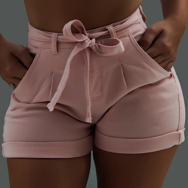 Belted Waist Tie Front Bow Knot Slim Fit Denim Shorts