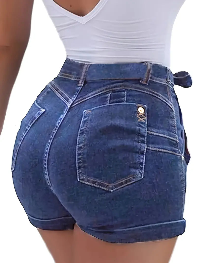 Belted Waist Tie Front Bow Knot Slim Fit Denim Shorts