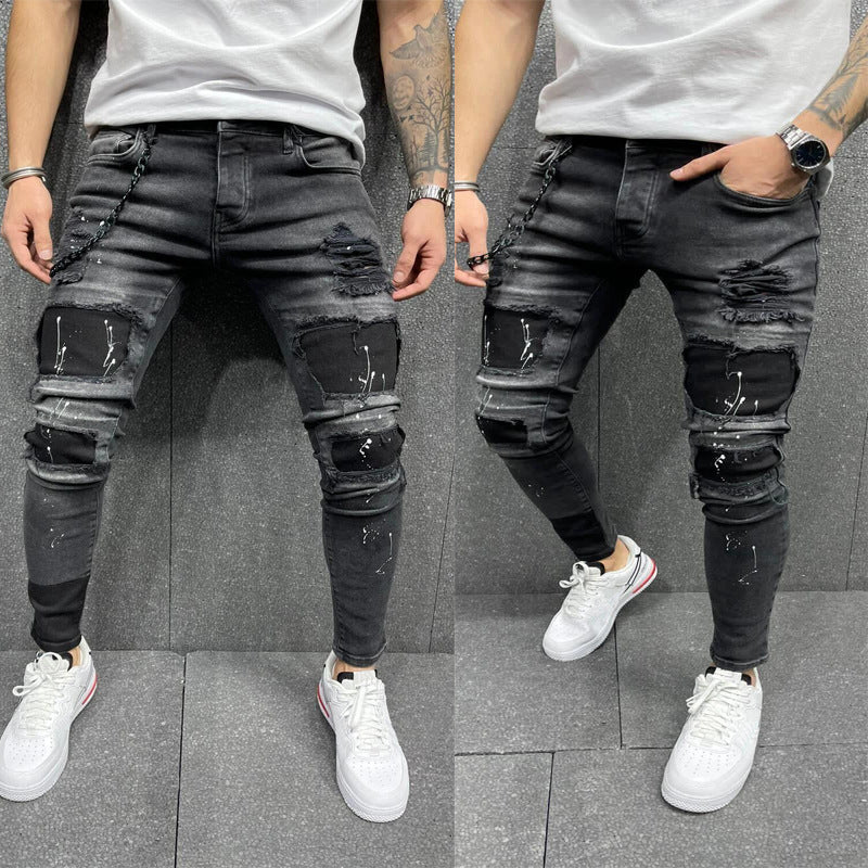 Men's Torn Patch Skinny Jeans for Fashion Forward Style