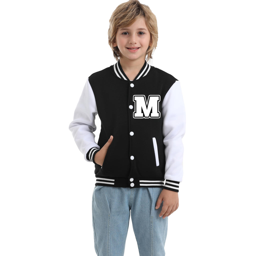 Icibgds Kids Baseball Jacket Letter Print Boys Girls Varsity Coat Casual Lightweight School Uniform With Button (Black-M10 Years)