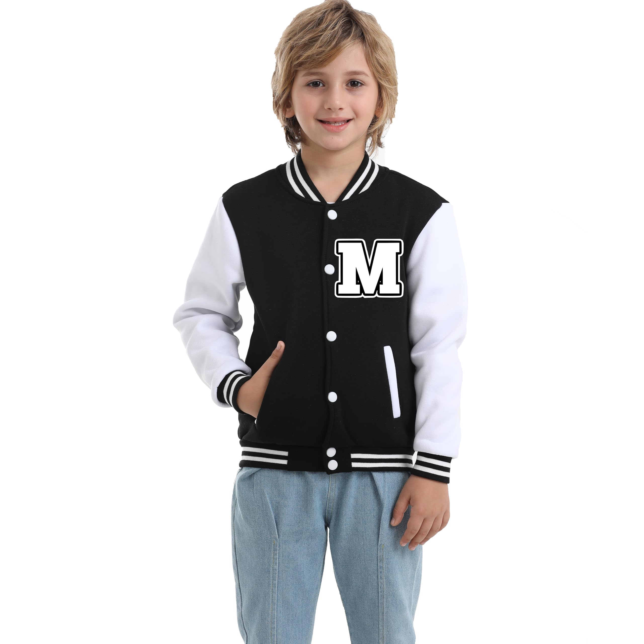 Icibgds Kids Baseball Jacket Letter Print Boys Girls Varsity Coat Casual Lightweight School Uniform With Button (Black-M10 Years)