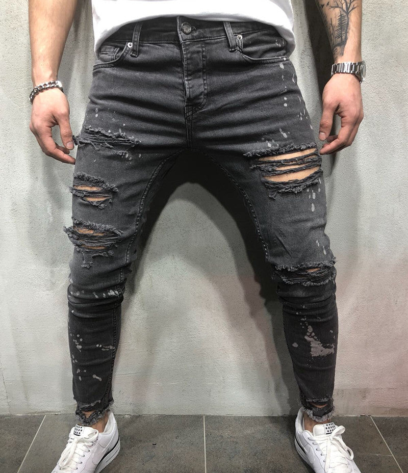 Men's Washed Frayed Skinny Pleated Jeans Trousers