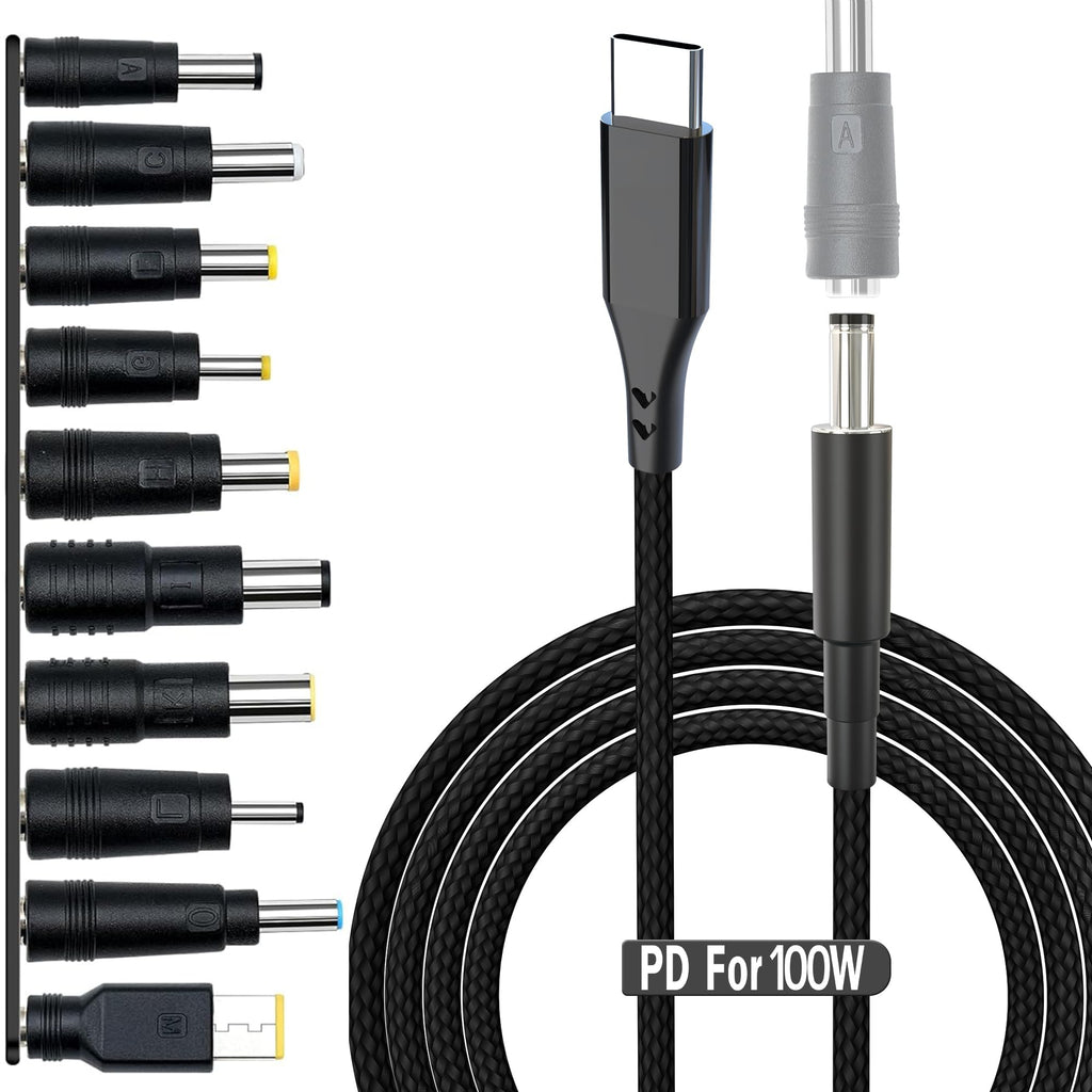 USB C to DC AdapterUniversal Charger Supply 100W PD Power Cable & 5.5x2.1mm Round Barrel Jackwith 10PCS Power Plug Kitfor Toshiba Samsung Acer Asus Lenovo Dell HP Laptop Charging Connector