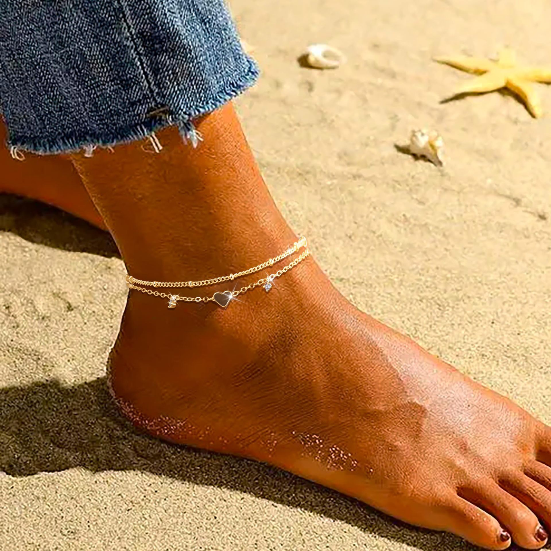 Heart Zircon Anklet for Women | Gold & Silver Waterproof Jewelry