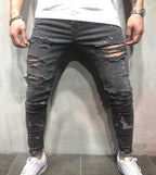 Men's Washed Frayed Skinny Pleated Jeans Trousers