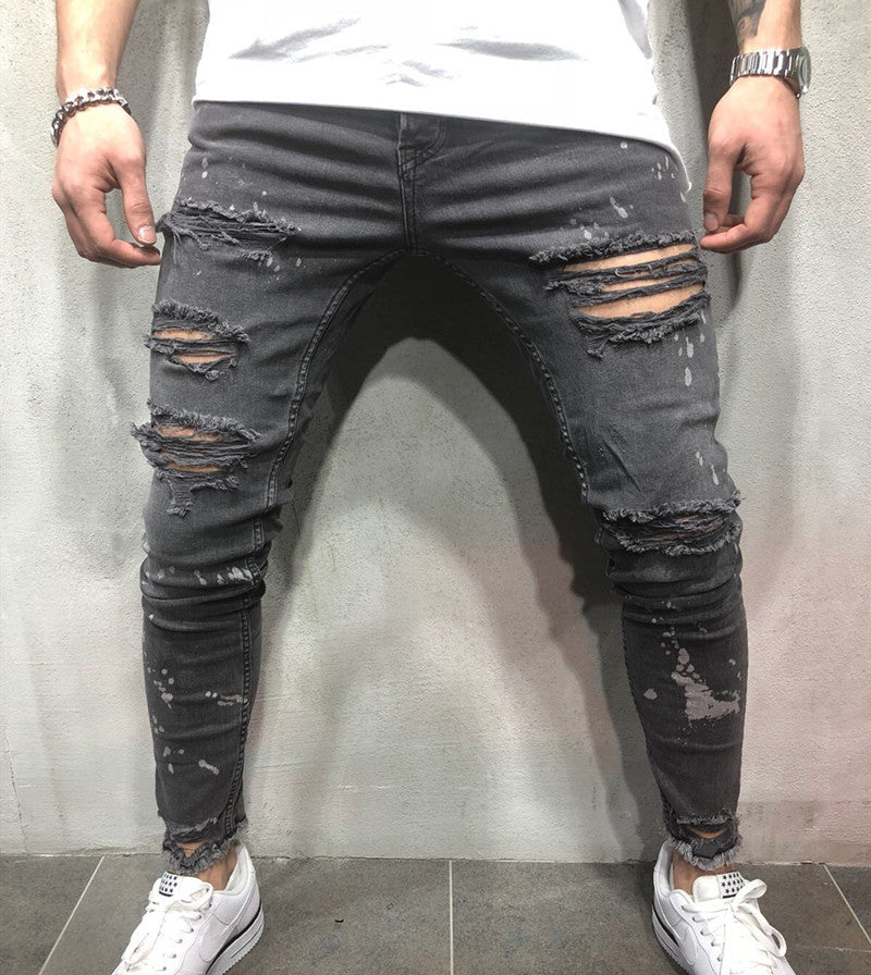 Men's Washed Frayed Skinny Pleated Jeans Trousers
