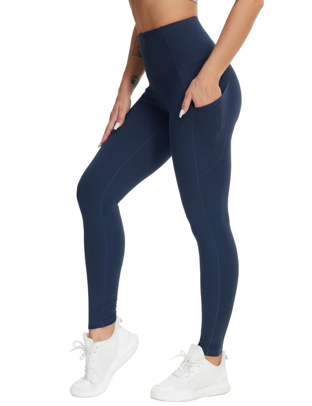 THE GYM PEOPLE Womens High Waist Yoga Pants Buttery Soft Stretchy Tummy Control Workout Athletic Leggings with Pockets Navy Blue