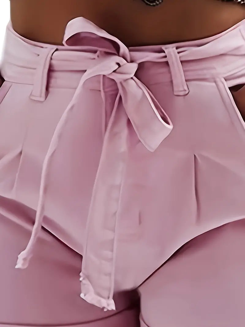 Belted Waist Tie Front Bow Knot Slim Fit Denim Shorts