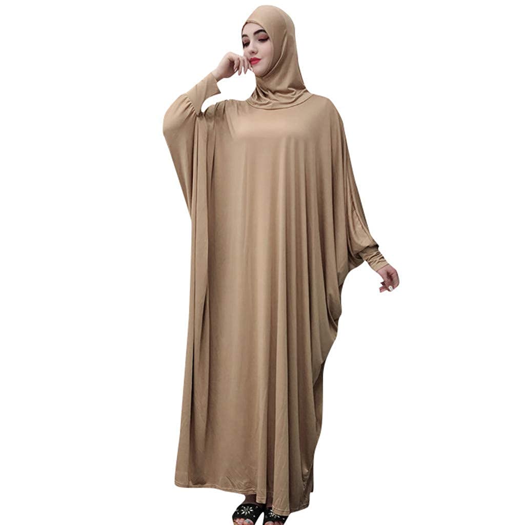 Womens Solid Muslim One-Piece Prayer Dress Muslim Abaya Dress Islamic Maxi Abaya Kaftan with Hijab Full Length Dress