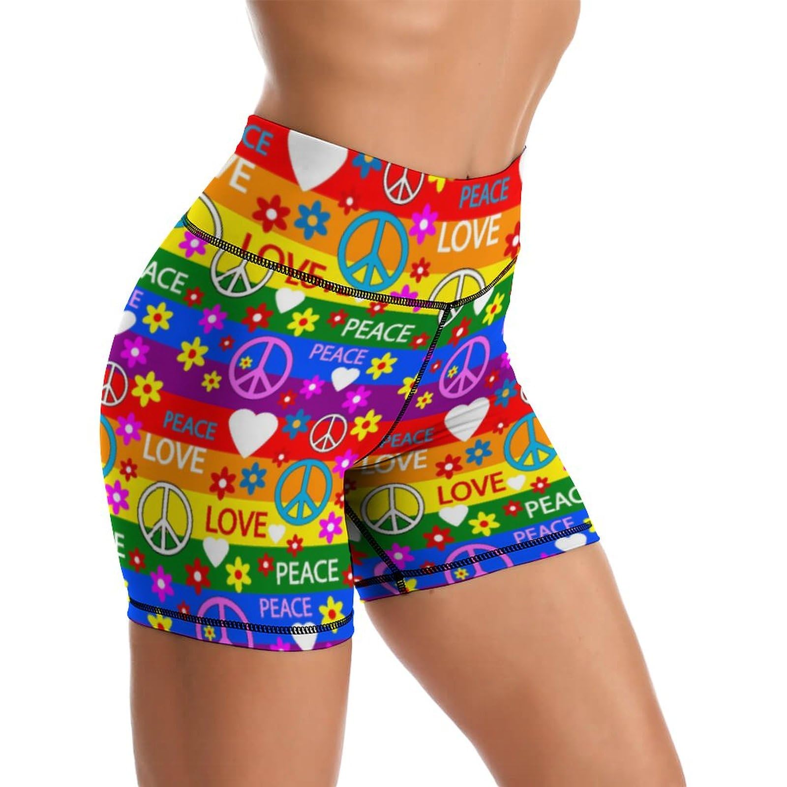 Rainbow Heart Peace Flower Women Yoga Shorts High Waist Workout Shorts Leggings for Athletic Biker Running L