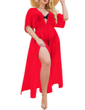 INVOLAND Womens Plus Size Swimsuit Cover Up Deep V Neck Bathing Suit Swimwear Bikini Coverup Long Split Kaftan Kimono Dress Wine Red