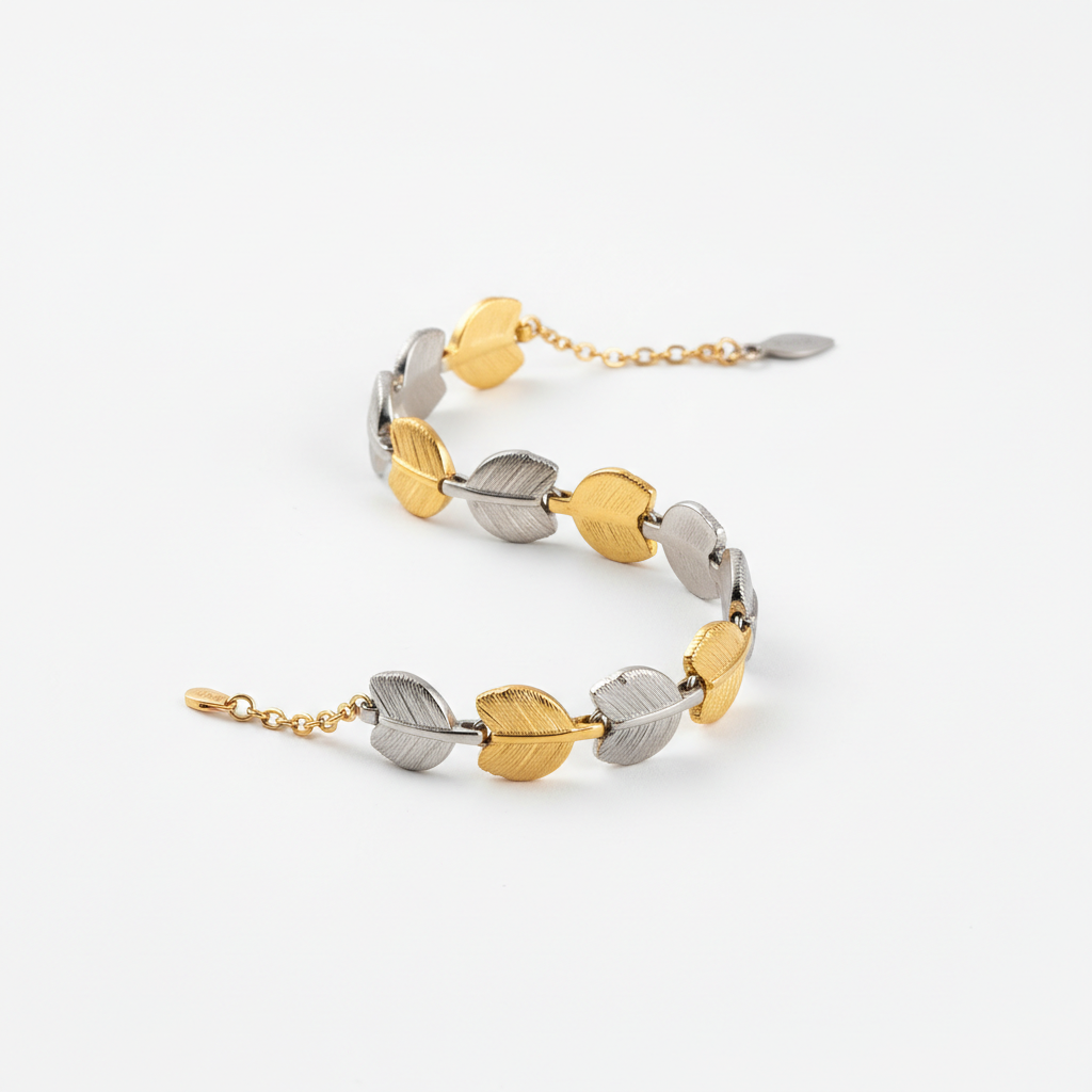 Titanium Steel Leaf Charm Bracelet 18K Gold and Silver